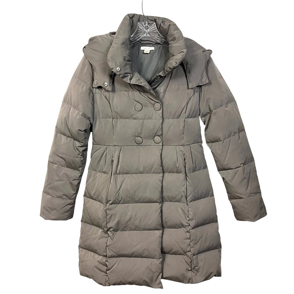 Garnet Hill Puffer Coat 4 Down Filled Gray Button Accents Snap Closure Hood